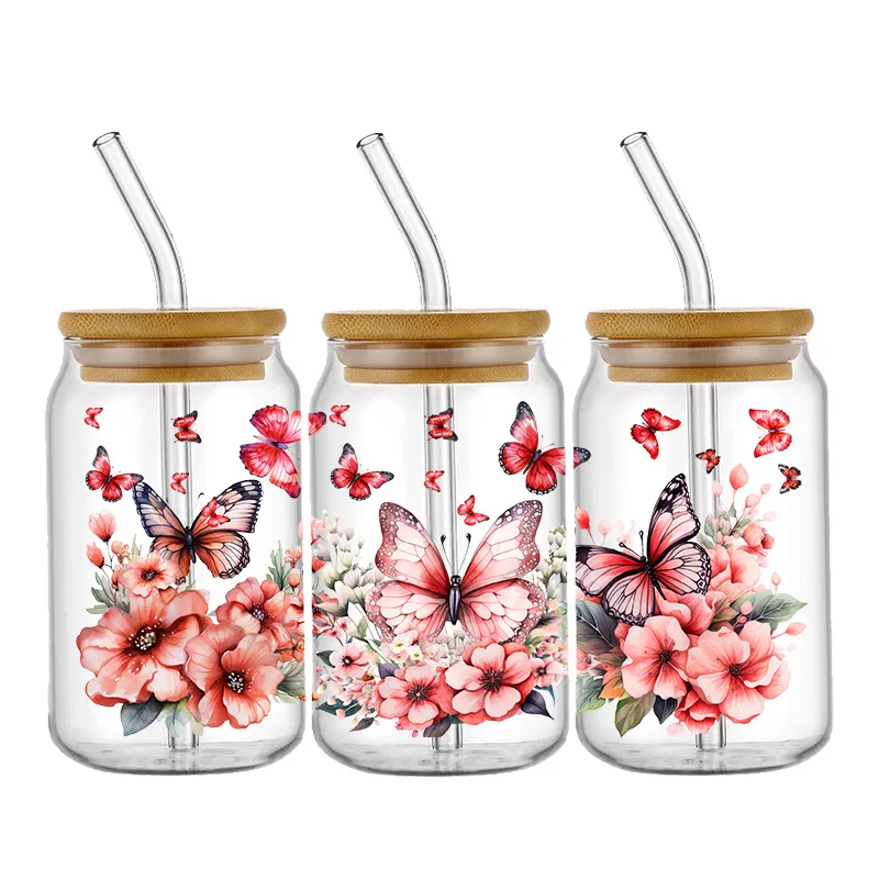 Spring Flower Butterfly Transfer Stickers Waterproof UV DTF Cup Mug Wraps Sticker DIY 3D Wrap Decal For 16oz Libbey Glass