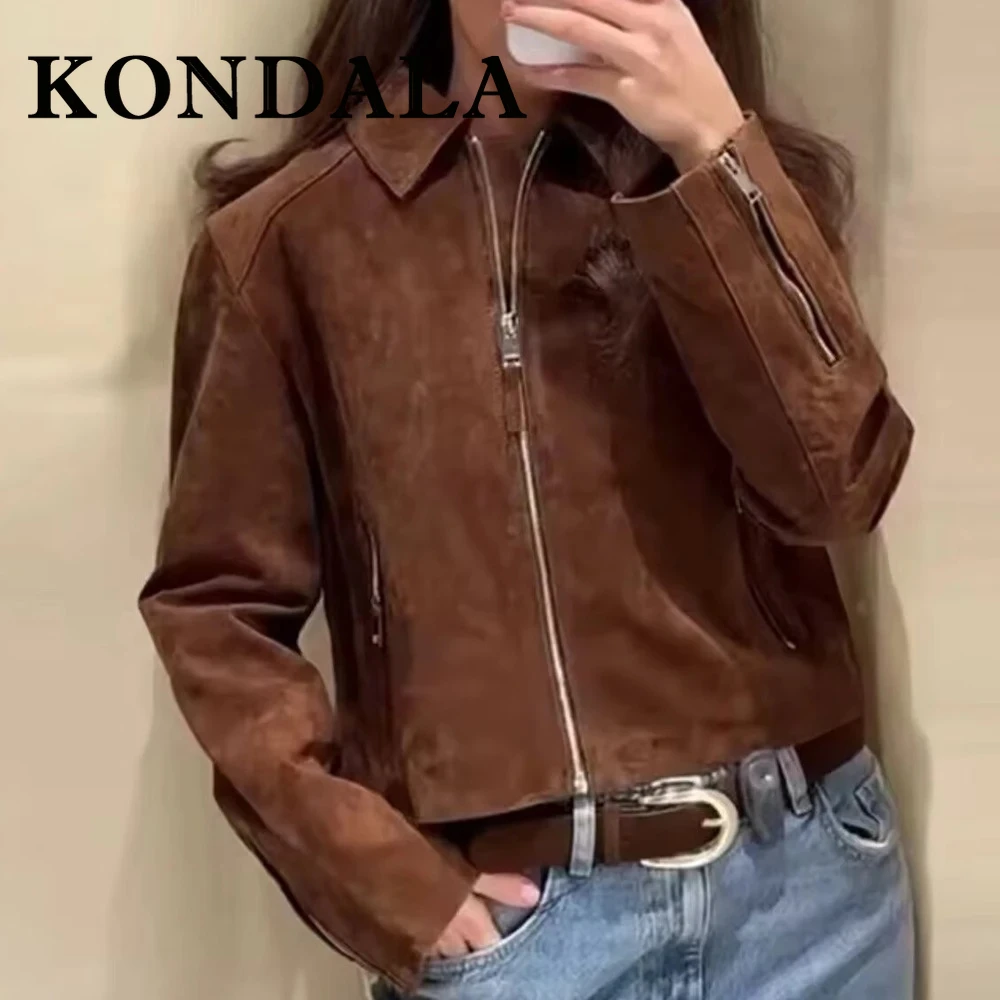 

KONDALA Chic Streetwear Casual Brown Women Outwears Straight Fashion 2025 Autumn Zipper Pockets Turn-down Collar Female Jackets