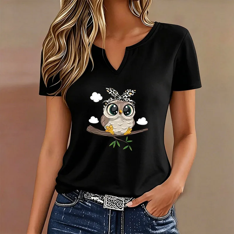 Funny Cartoon Owl Print T-shirt V Neck Casual Y2k T Shirts Women Short Sleeve Tee Shirt V-Neck Summer Spring