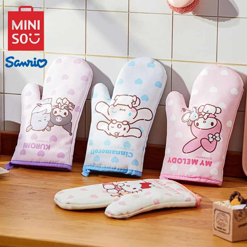 MINISO Hello Kitty Heat Resistant Gloves Kawaii Kuromi Kichen Mittens Cartoon My Melody Heat Oven Glove Cute Potholders Mittens