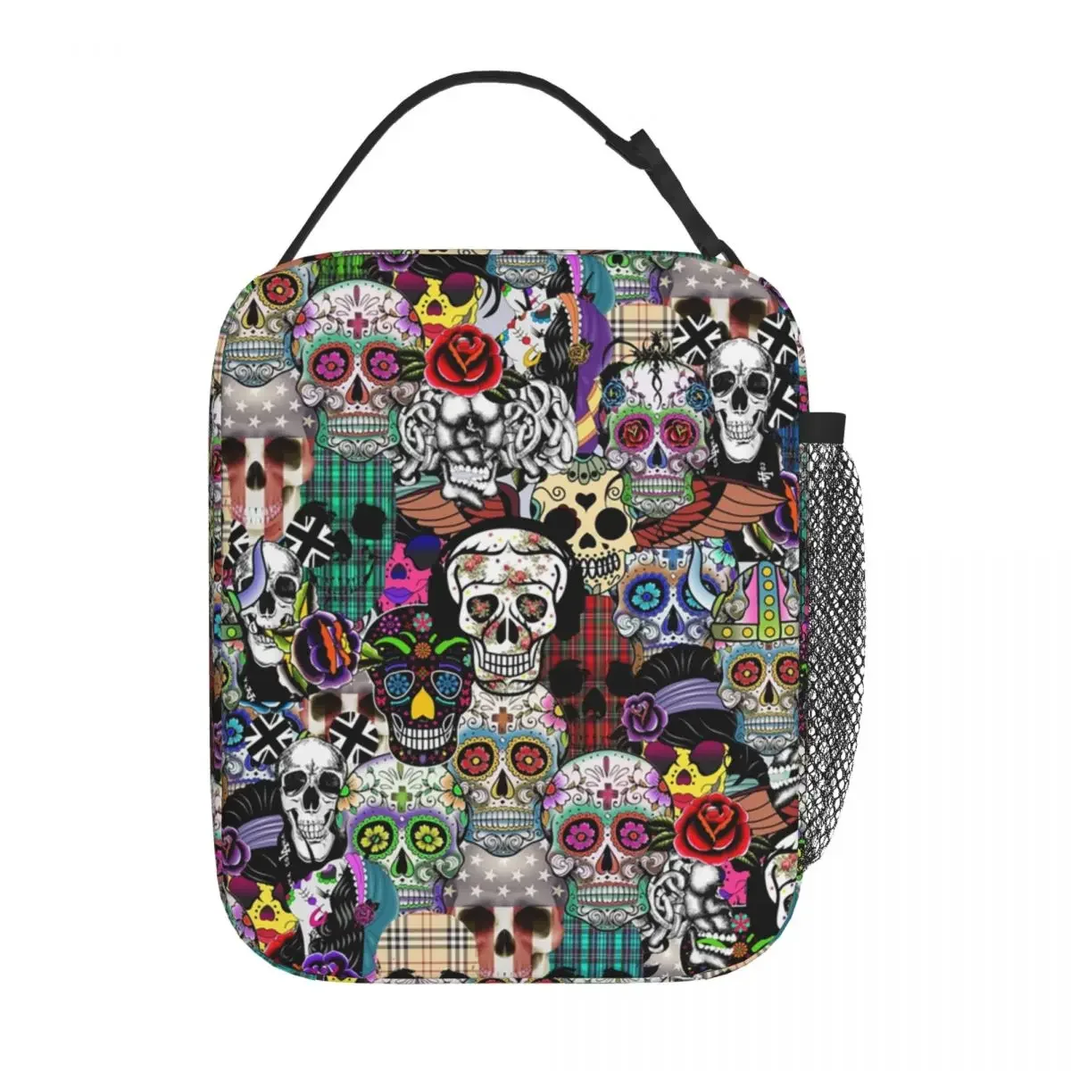 Mexican Day Of The Dead Skull Insulated Lunch Bag for Women Resuable Halloween Cooler Thermal Lunch Box Kids School Children