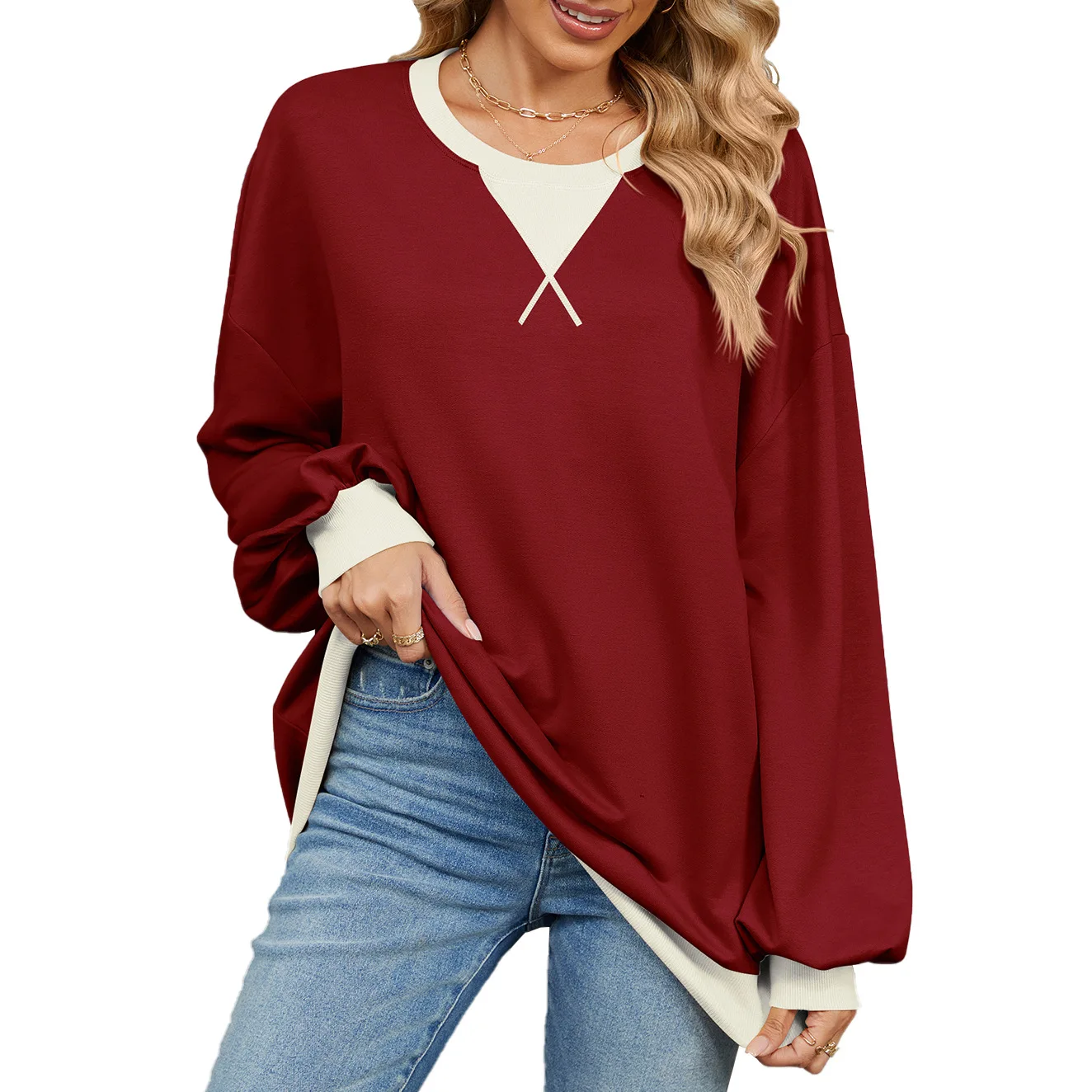 Women Sweatshirt Fashion 2025 Spring Autumn O-neck Color Matching Print Loose Casual Ladies Personality Streetwear Pullover Top