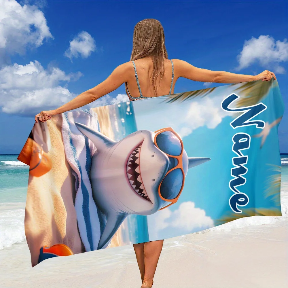 1pc Cute Sunbathing Shark Pattern Beach Towel, Custom Name Beach Towel, Super Absorbent Quick-Dry Beach Towel, Summer