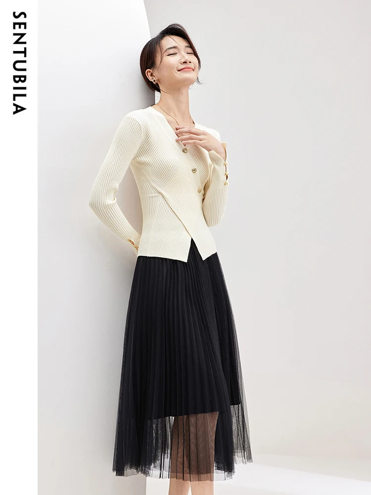 SENTUBILA 2024 Spring Elegant Mesh Skirt Set Women Knitted Slim V-neck Tops Female Midi Fluffy Skirts 2 Pieces Sets 733Z51563