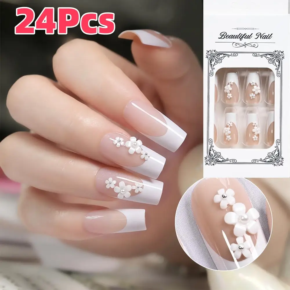 24 قطعة طويلة مربع الفرنسية الأظافر وهمية رصع ثلاثية الأبعاد زهرة بيضاء اليدوية اضغط على الأظافر نعش الأظافر كاذبة نصائح للنساء أنيقة TD