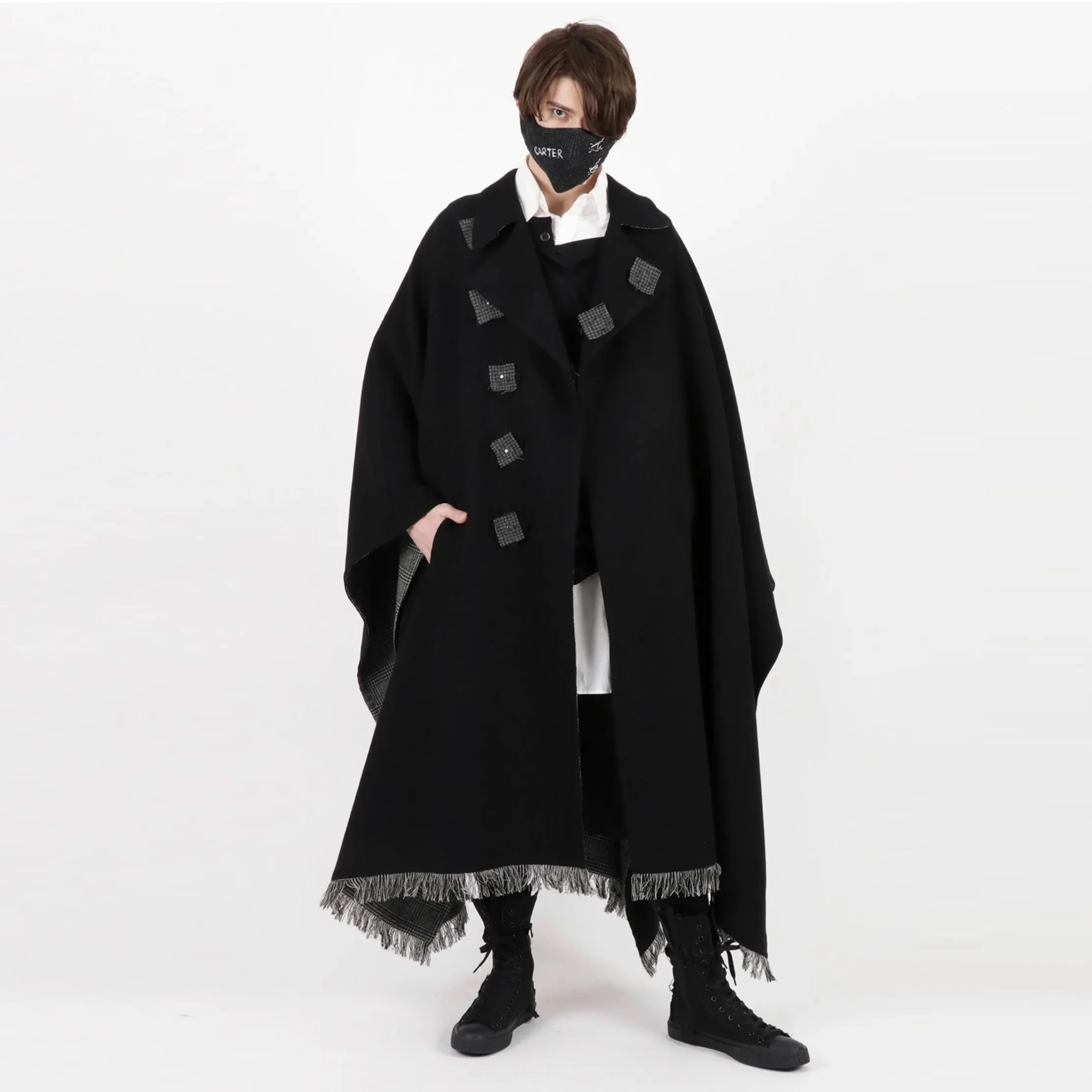 

YOJI OOAK Prince of Wales Harris of England tweed coat plaid black coat plaid cape