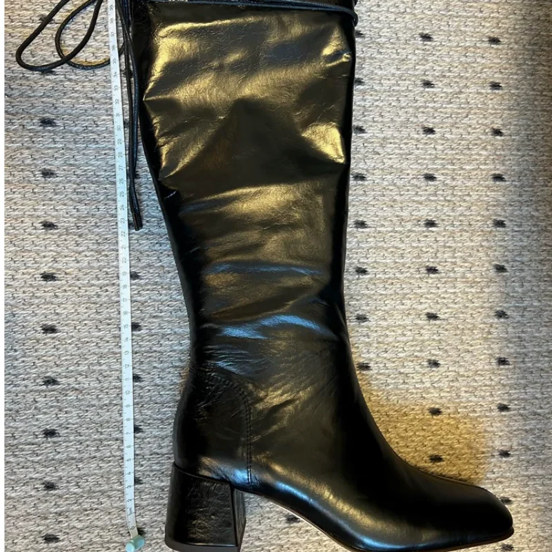 Strap Shoes for Ladies Square Toes Chunky High Heels Sewing Lines Female Mid Calf Boots Solid Zapatos Mujer Side Zippers Tacones