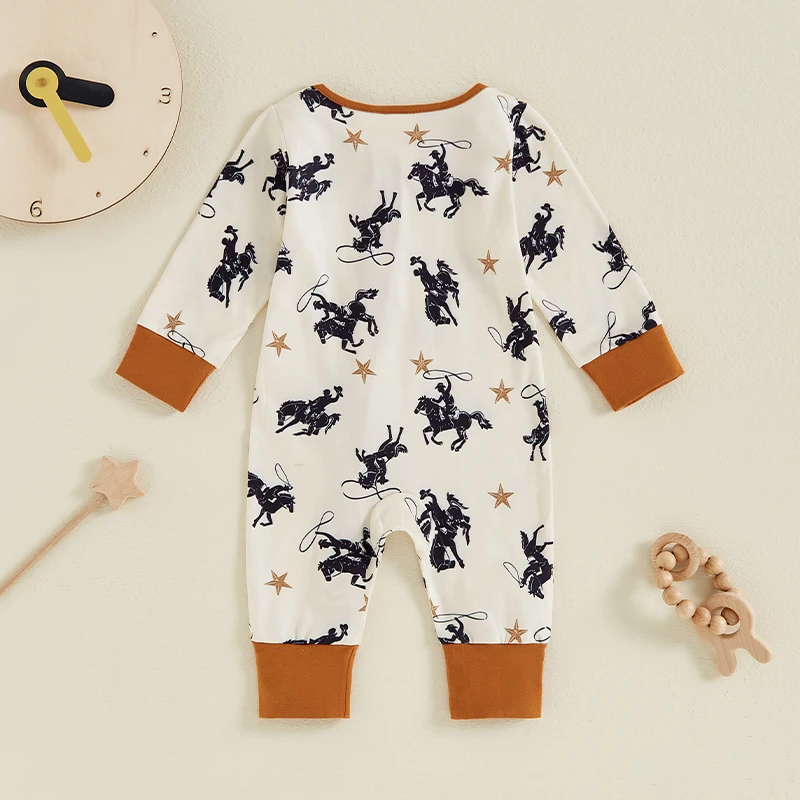 Baby Boy Zipper Romper Casual Western Cowboy Print Long Sleeve Jumpsuit for Infant Toddler Fall Outfit