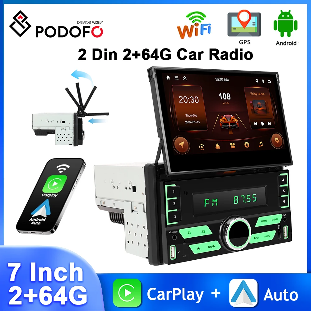 PodoNuremberg 7 en effet Écran Tactile 2Din Autoradio 2 + 64G Limitation Lecteur CarPlay Android Auto Navigation GPS WiFi TYPE-C FM/RDS Autoradio