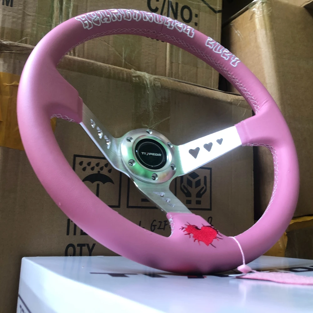 Drift Universal 14Inch Racing Tiypeor Steering Wheel Car Rally JDM Pink Leather MOMO Steering Wheel Volantes For VW HONDA TOYOTA