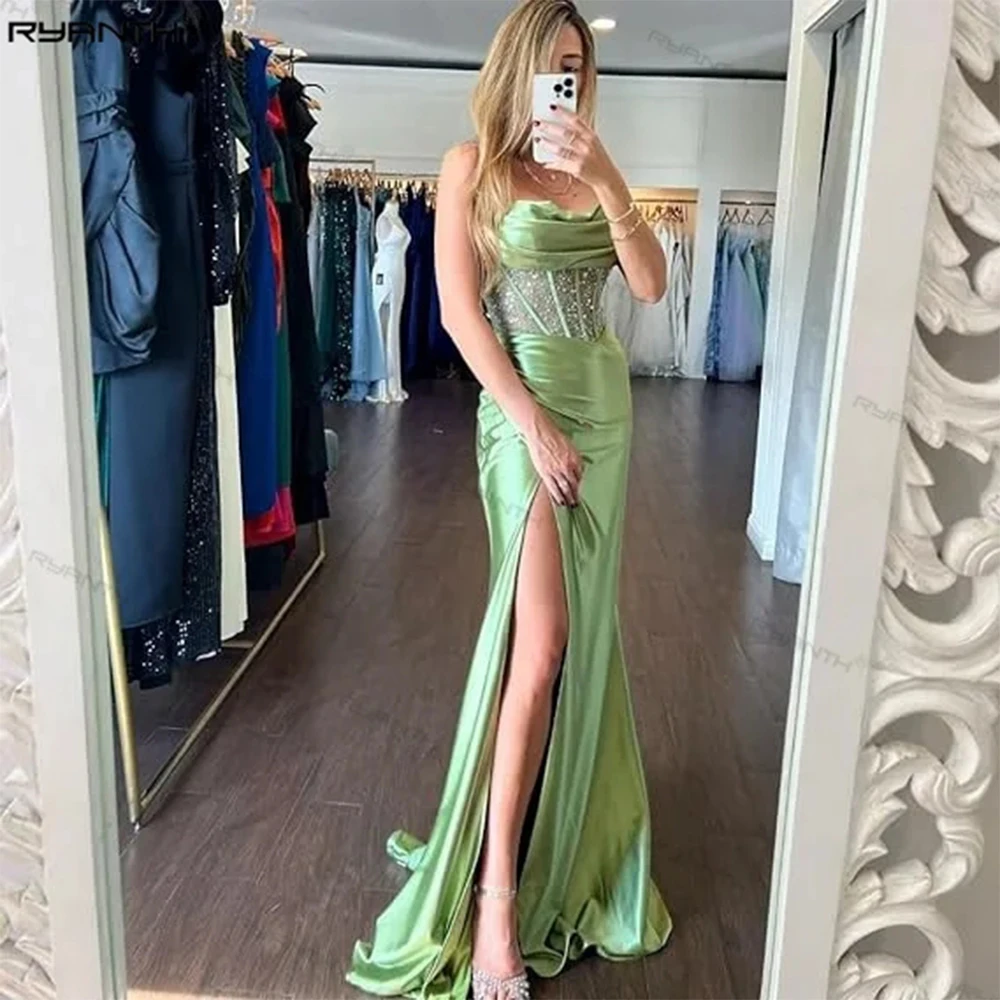 

Mermaid Side Split Evening Dresses for Women Strapless Prom Dress Sweep Tarin Celebrity Dresses with Corset robe de soirée 2024