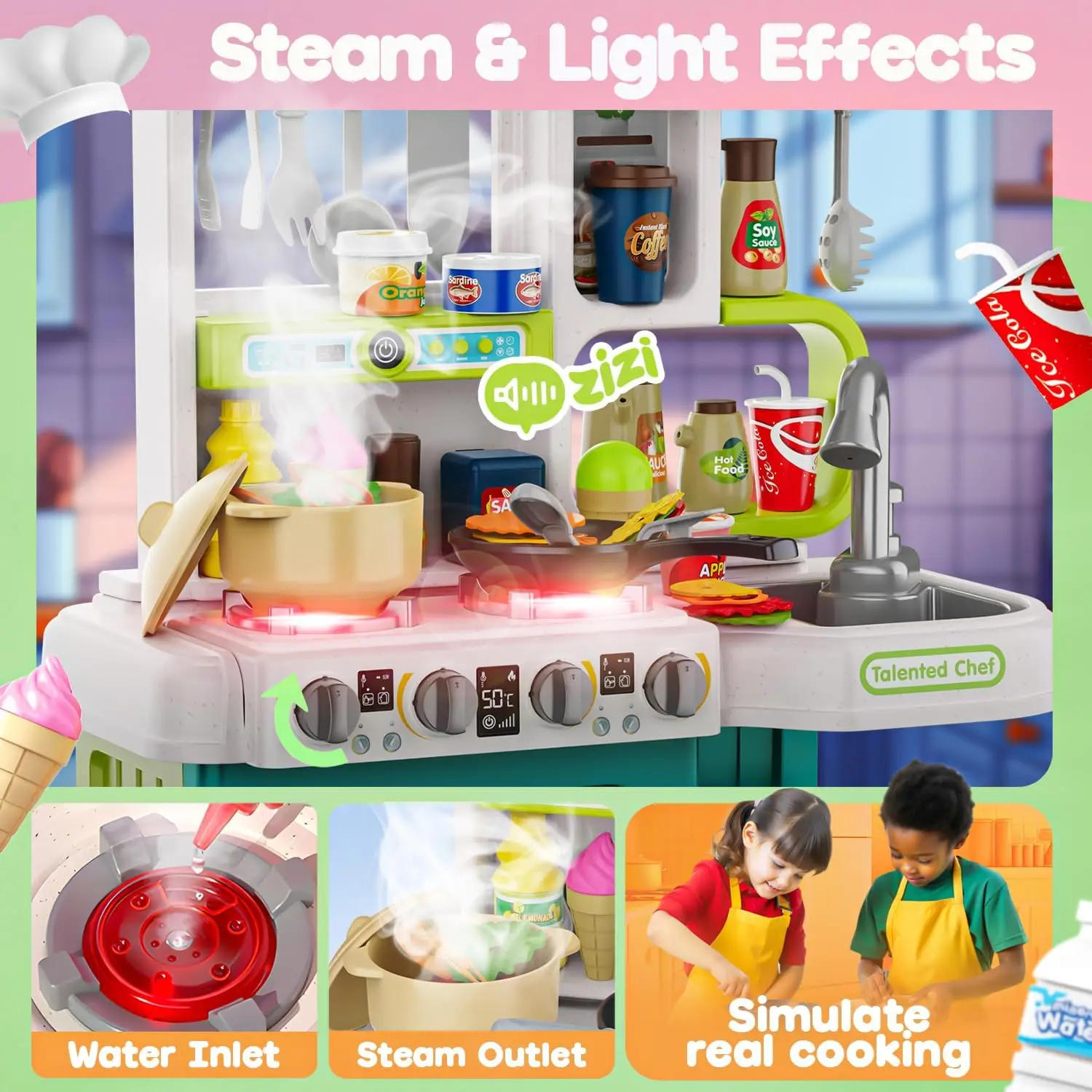 Ensemble de jeu de cuisine pour enfants avec son et lumière, accessoires de cuisine pour jouets alimentaires, ensemble de jouets de cuisine pour faire semblant de jouer pour garçons et filles
