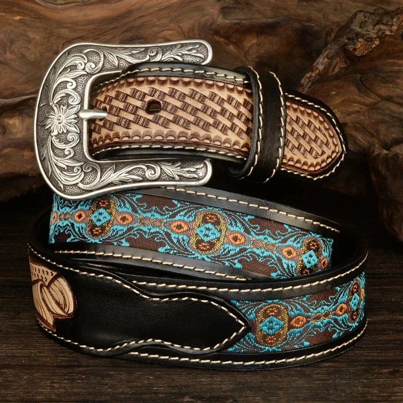 Cowhide Belts for Men Western Pin Buckle Genuine Leather Vintage Western Belt with Holes Floral Engraved Buckle Belt for Jeans