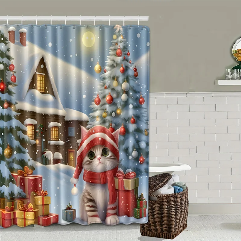 4pcs Christmas Cat Shower Curtain Set, Waterproof Shower Curtain With 12 Hooks, Bath Rug, Toilet U-Shape Mat, Toilet Lid Cover