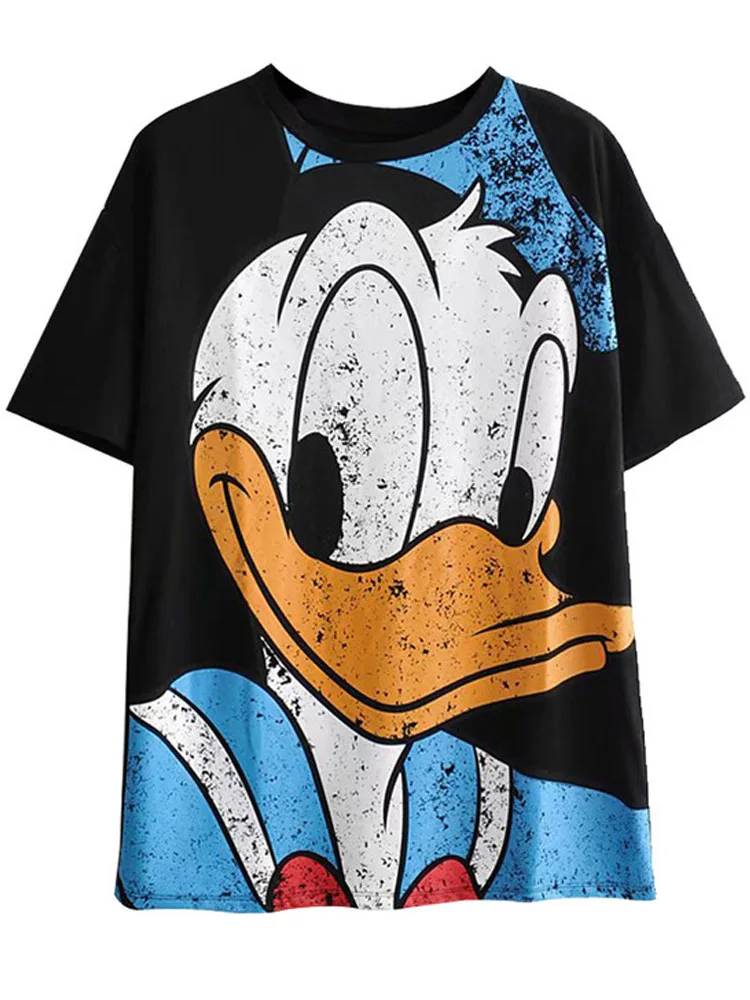 Disney Donald Daisy Duck Cartoon Print Black Women T-Shirt O-Neck Pullover Short Sleeve Casual Sweet Streetwear Loose Tee Tops