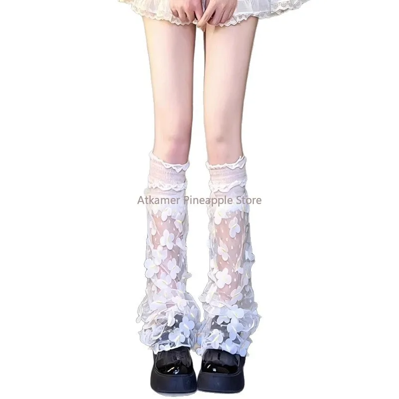 Fashionable Butterfly Floral Leg Warmers for Women Fairycore Sheer Lace Mesh Boot Covers Ruched Over Knee Footless Socks
