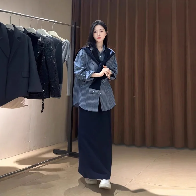 

Korean-style Chic Outfit Women's Striped Long-sleeve Shirt Set 2025 Autumn Trending and Beautiful Blue Midi Skirt Two-piece Set