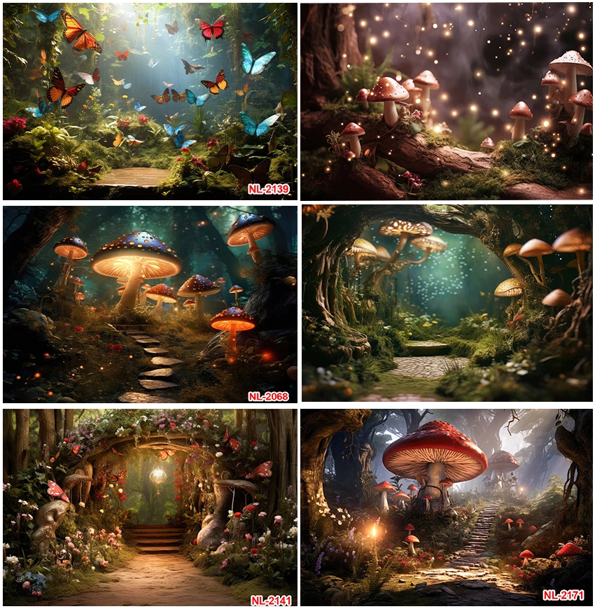 

Wonderland Mushroom Butterflies Adventure Newborn Baby Shower Birthday Backdrops Photo Jungle Forest Fairy Tale Decor Background