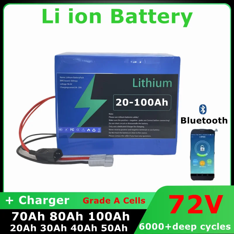 

72v 100Ah 80Ah 70Ah 60Ah 50Ah 40Ah lithium ion battery pack 40A 50A 60A 70A 80A 100A with bluetooth BMS 3000W 5000W 8000W