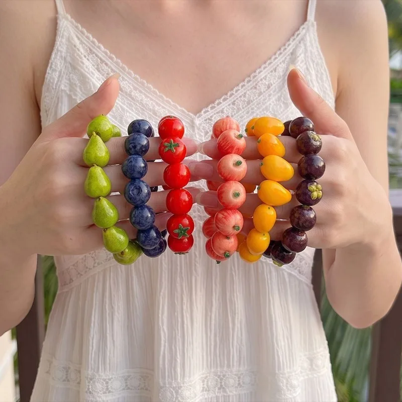Minar Funny Cute Candy Color Plastic Simulation Fruit Strawberry Orange Pear Peach Elastic Strand Bracelets for Women Gifts