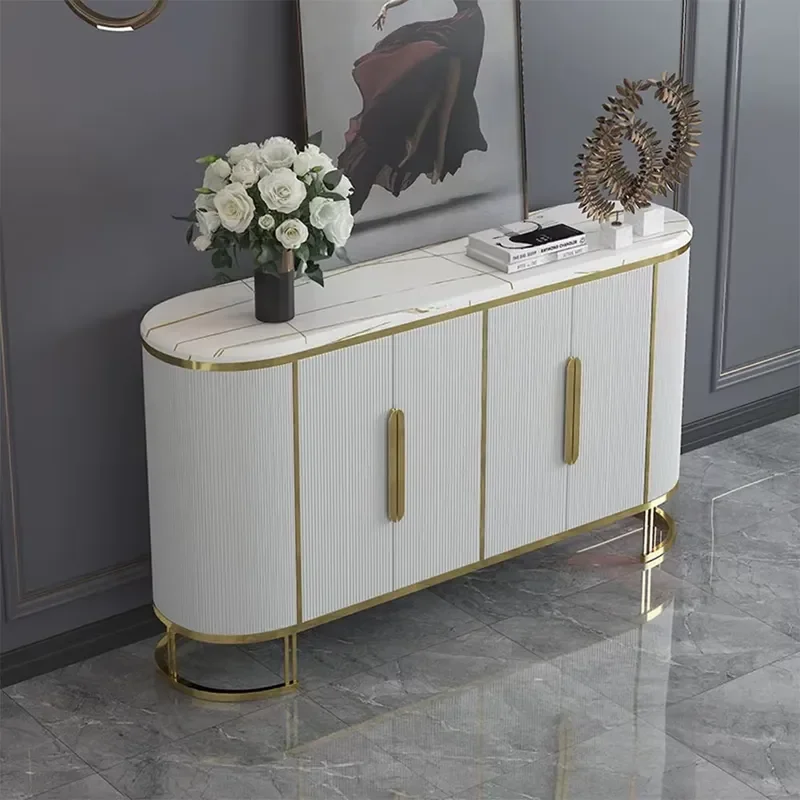 High End Modern Stainless Steel Wood Dining Buffet Cabinet Sintered Stone Top White Finish Golden Legs for Living Room