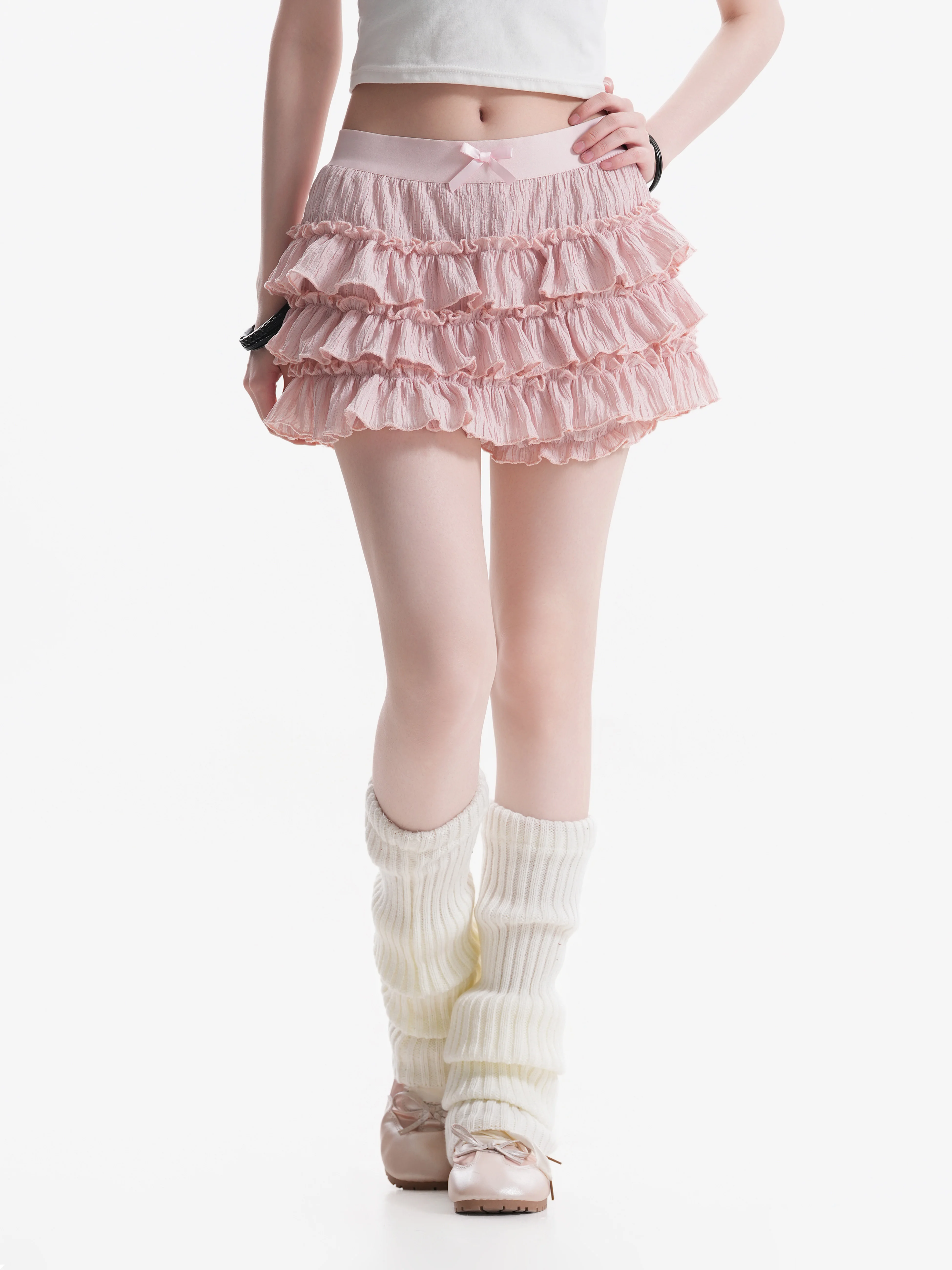 Sweet Ballet Style Ruffle Hem Puffy Short Skirt Women's Summer Teenage Slim Fit Cake Skirt High Waist Elastic Fiber Polyester