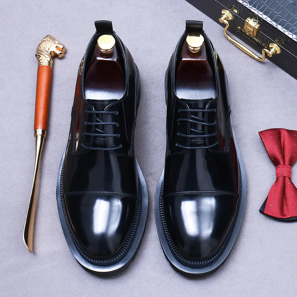 

Genuine Leather Derby Shoes for Men Thick Sole Elevator Business Casual Low Top Round Toe Fashion Mens Shoes
