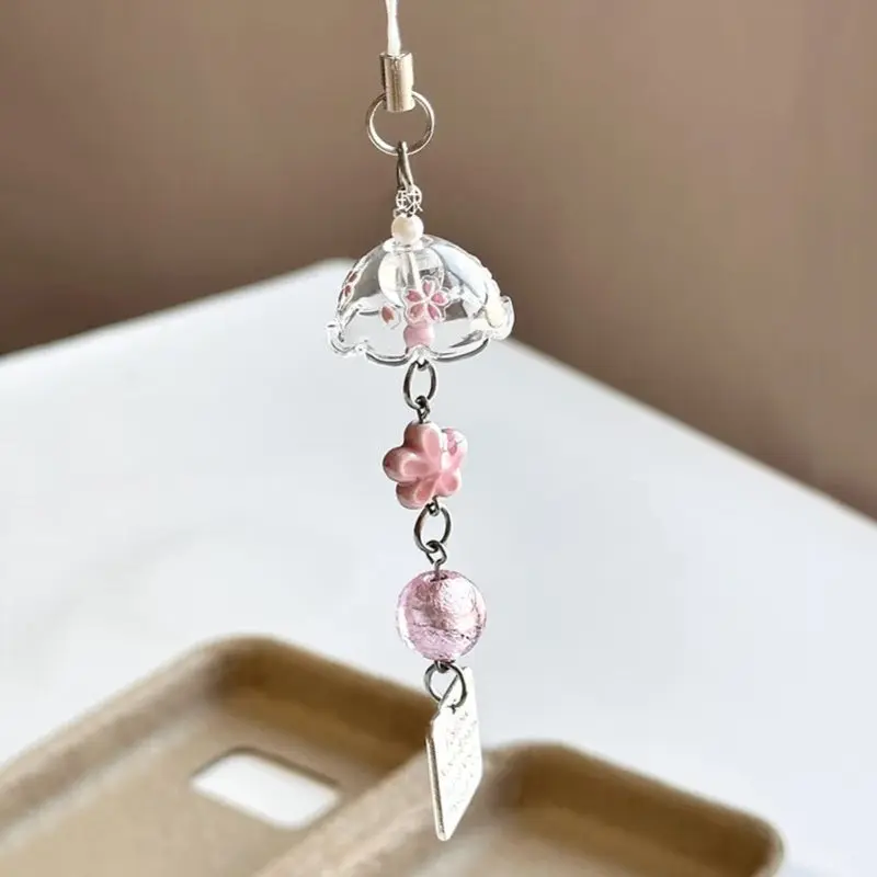 Pink Sakura Windbell Mobile Phone Chain Keychain for Women Bag Pendant Camera Lanyard Kawaii Accessories Couple Birthday Gifts