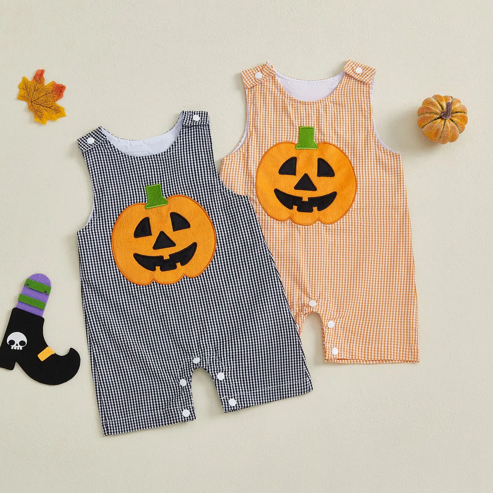 Children's Clothing Cute Wind Pumpkin Embroidered Plaid Onesie Halloween Boys and Girls Go Out Climbing Clothes