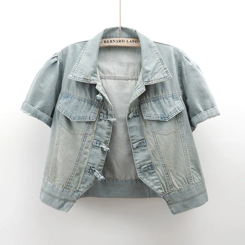 

Vintage Denim Coat Women 2024 summer new Chinese Style Disc Buckle Thin Short-Sleeve Jean Jacket Female Short Loose Outwear B313