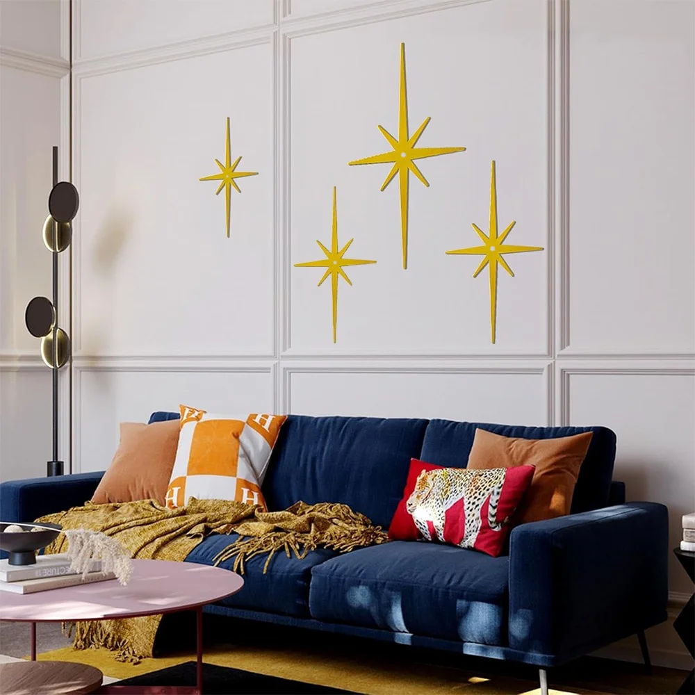 CIFBUY Metal Wall Art 4pcs Octagonal Atomic Star Sculpture Mid Century Iron Hanging Decor For Home Living Room