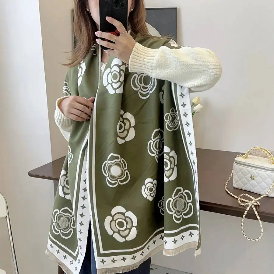 Beautiful Flowers Jacquard Acrylic Cashmere Scarf Soft Comfort Autumn Winter Neckerchief Shawl Women Leisure Travel Wraps