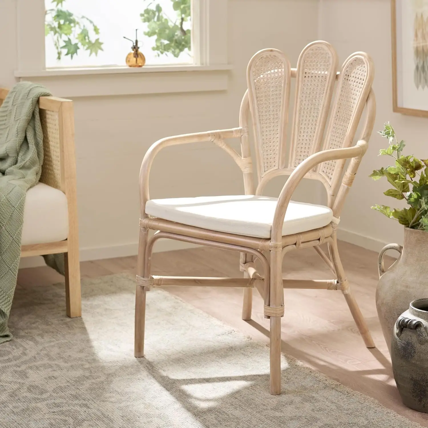 White Washed Rattan Arm Chair Ivory Cushion Curved Scalloped Back Fully Assembled Living Room Bedroom, Customized