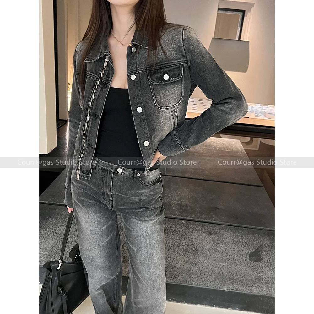 Women's chic vintage washed and worn double zip denim jacket + straight jeans set