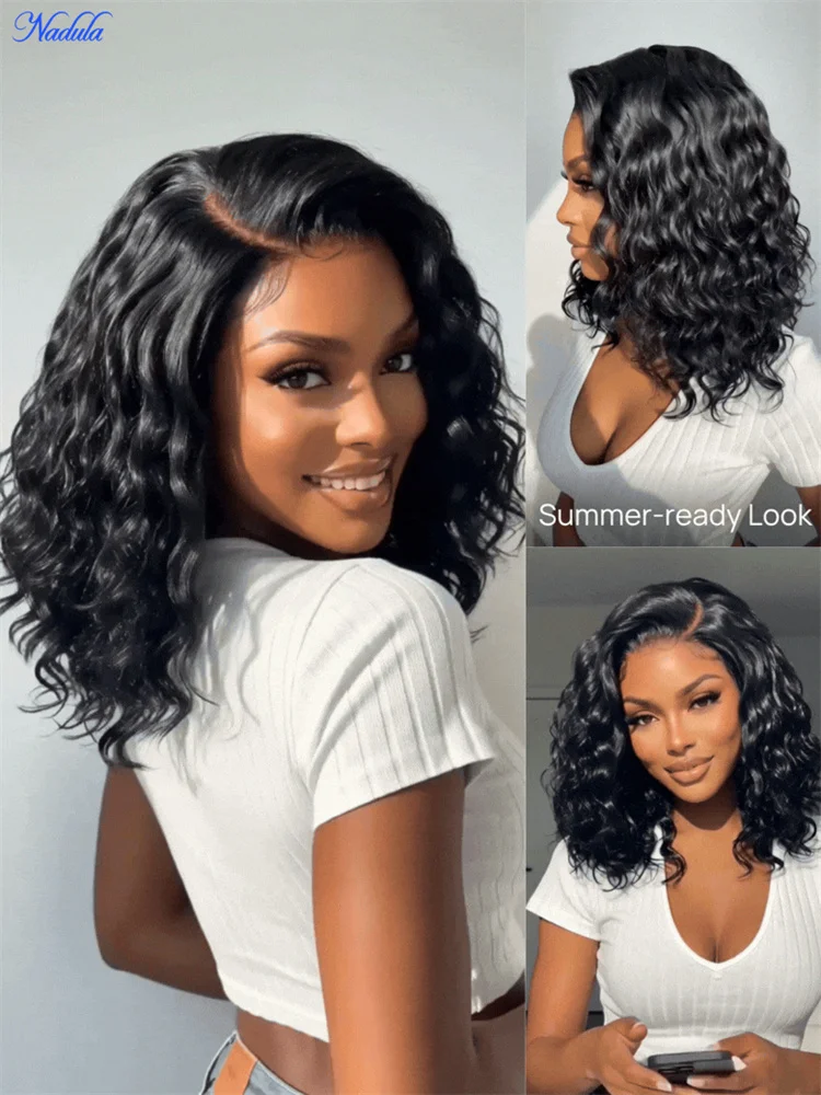 Nadula 220% Density Water Wave Bob Wig 100% Human Hair Side Part More Volume Fuller Look 6x4 Pre Cut HD Lace Pre Bleached Tiny Knots Drawstring Glueless Wig Ready to Wear No Tangle No Shedding Short Bob Human Hair Wig Suitable for All Size Heads