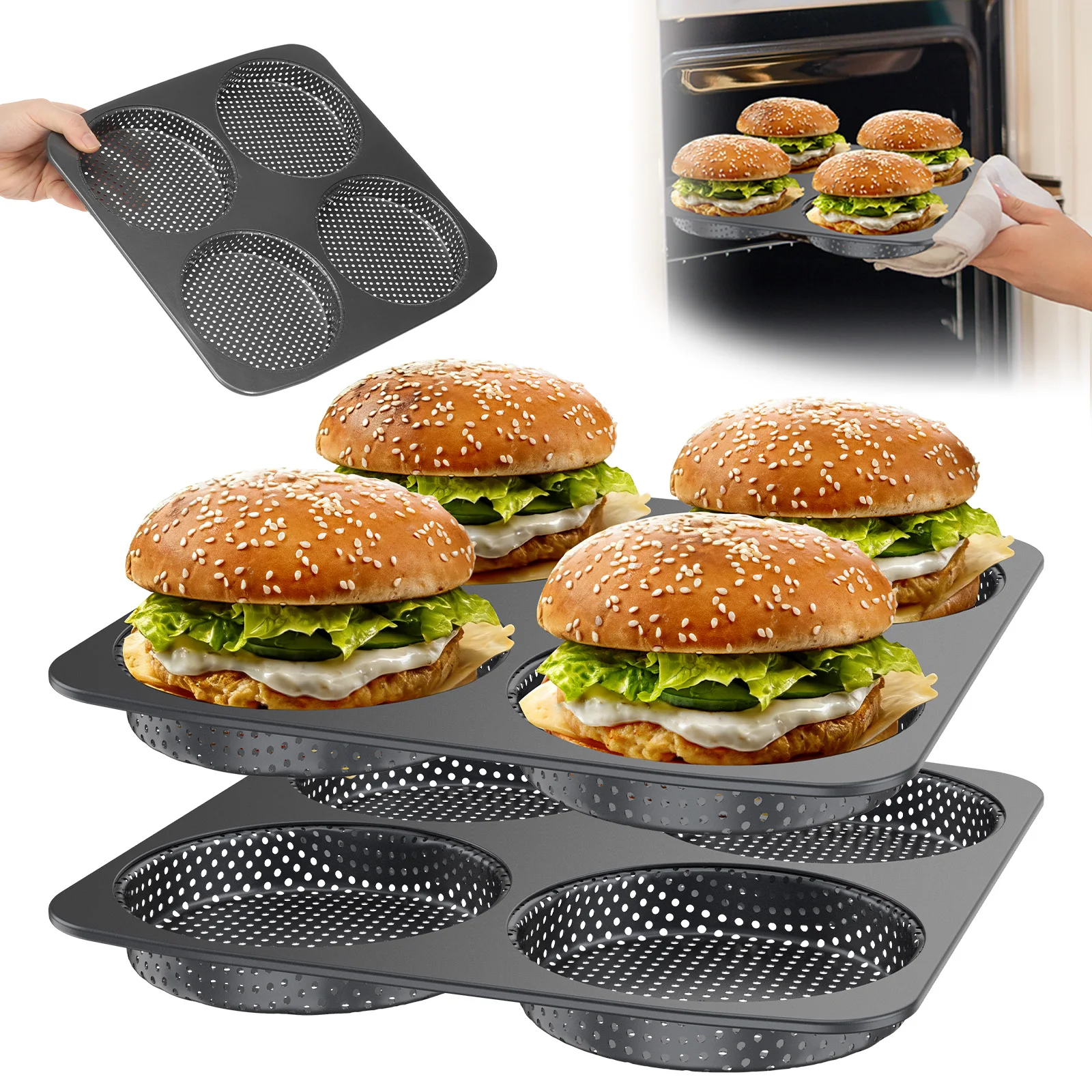 1/2 Stück 4-Fach Hamburgerbrötchen-Backform Antihaft-Kohlenstoffstahl Brotbackform Hausgemachte Große Burgerbrötchen-Backblech Küchenutensilien