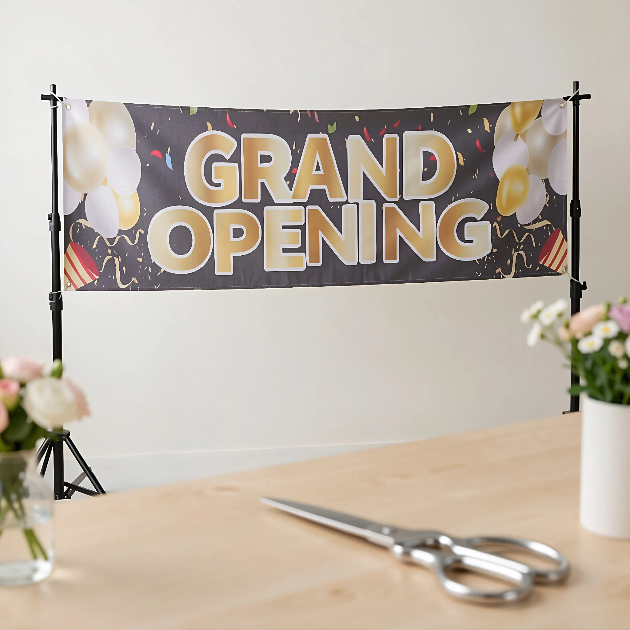 Grand Opening Banner Black and Gold Business Backdrop Sign for Commercial Celebration Launch Ceremony Advertising Decor