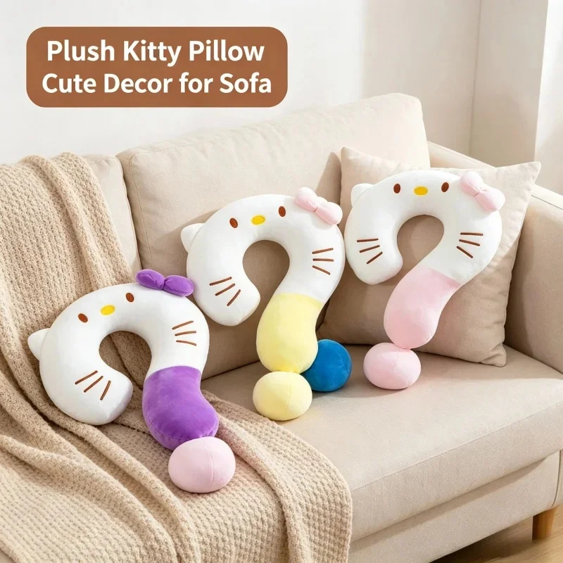 Cute Hello Kitty Question Mark Pillow, Soft Plush U Neck Cushion, Nap Support For Office And Car