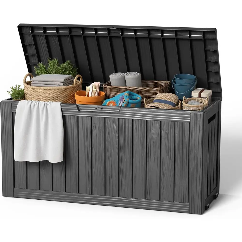 

85 Gallon Outdoor Storage Box, Resin Waterproo UV-Resistant Deck Box, Reinorced Stability or Patio, Garden, and Poolside, Stripe
