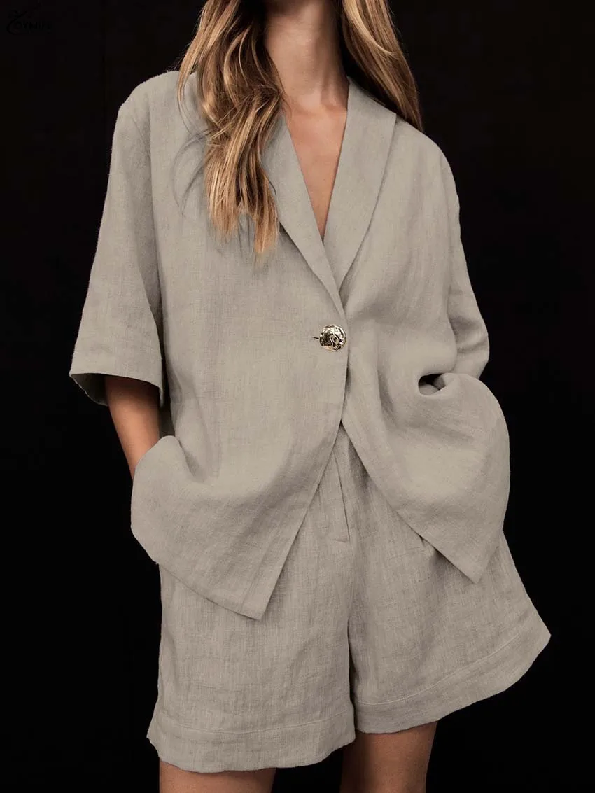 

Oymimi Fashion Khaki 2 Piece Sets Woman Outfit Elegant Lapel Half Sleeve Single Button Shirts And Loose Pockets Shorts Sets