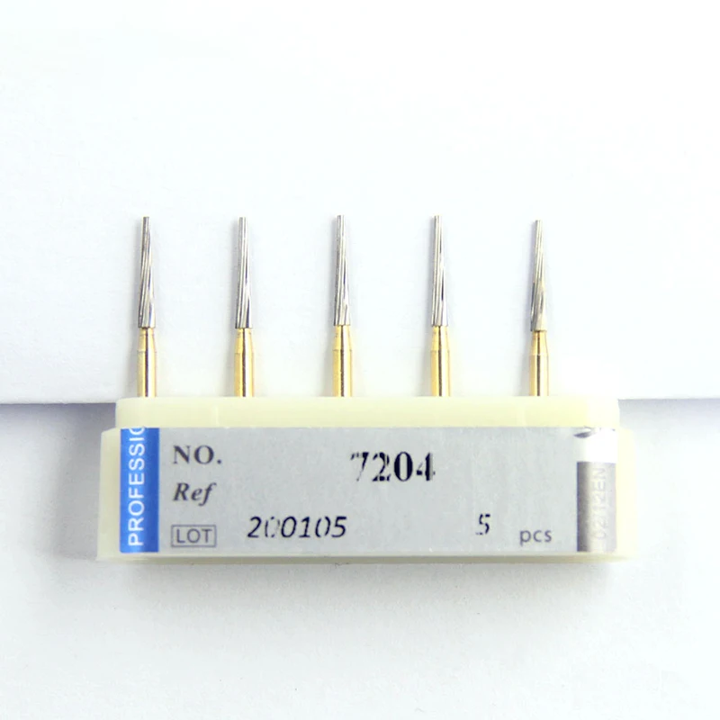 Fresas dentales de carburo de tungsteno, 5 piezas, acabado de recorte FG 7204, extremo plano, cónico, rectificado de odontología, suministros para dentistas