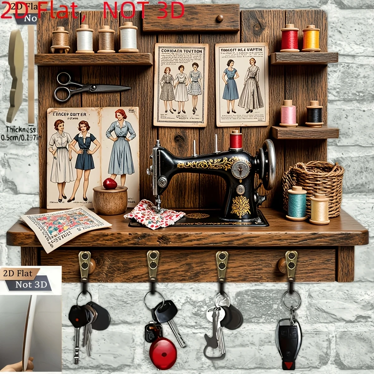 2D Retro Nähmaschinen-Design Holz-Schlüsselhaken Multifunktionale Wanddekoration für Zuhause Veranda-Aufbewahrungsorganizer