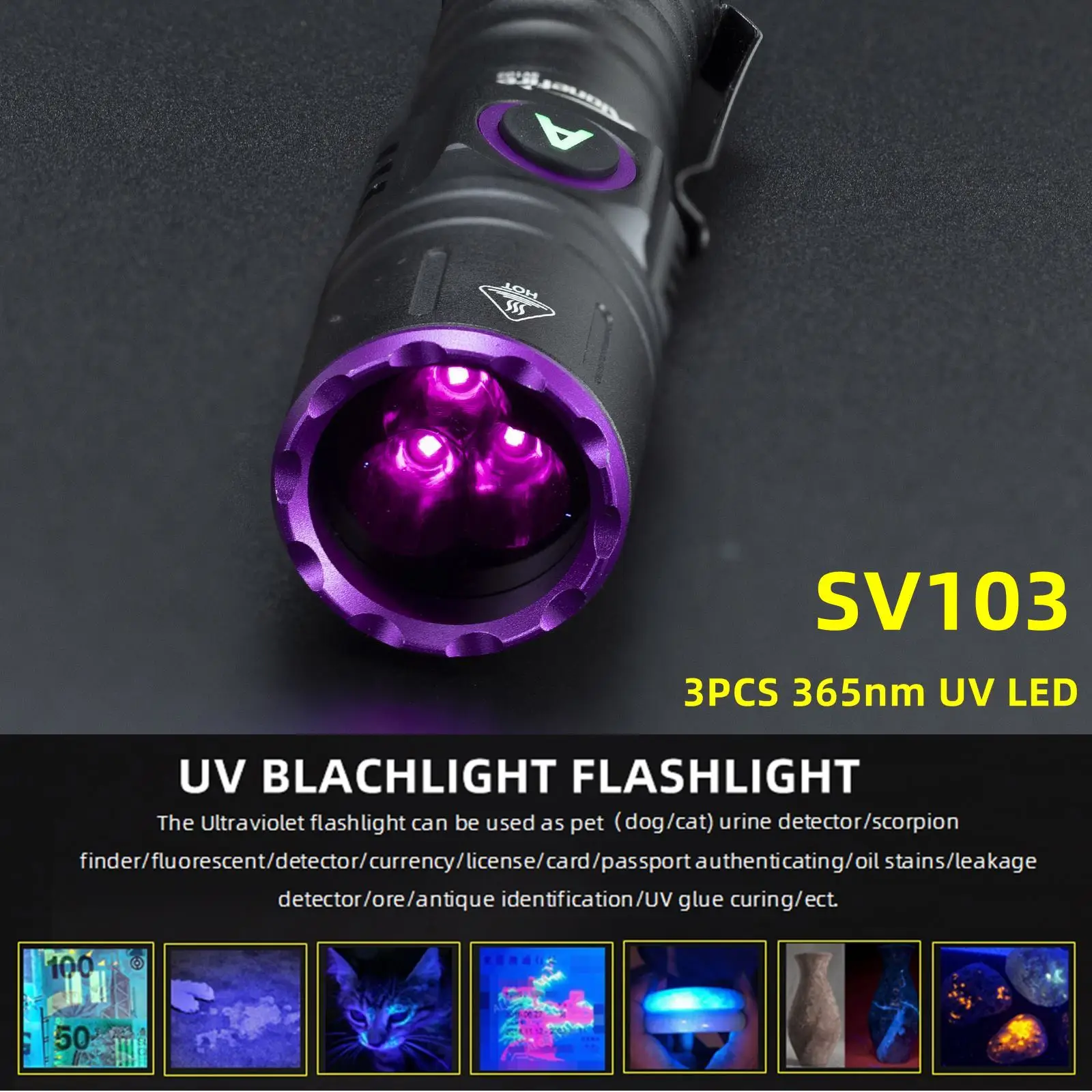 15W 365nm Rechargeable UV Flashlight Ultraviolet Black Light for Pet Urine Stains Uranium Glass Minerals bug Scorpions Detector