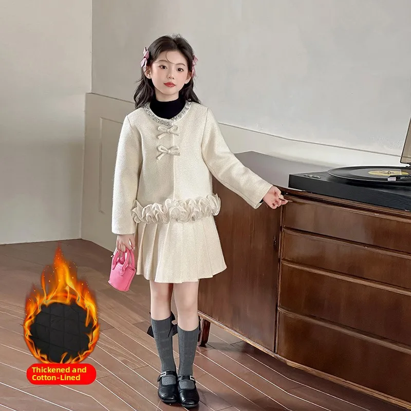 Thiened herfst winter Princ Sle Dr set voor meisjes knoop decoratie lange Sve ronde Ne katoen vrijetijdskleding