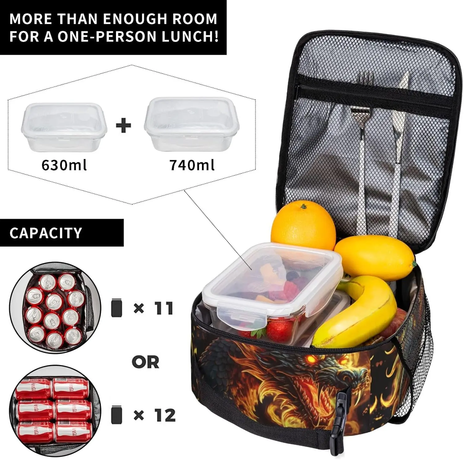 Fire Chinese Dragon Lunch Bag For Women Men Insulated Reusable Lunchbox Cooler Totes For Work Office Picnic Camping Travel