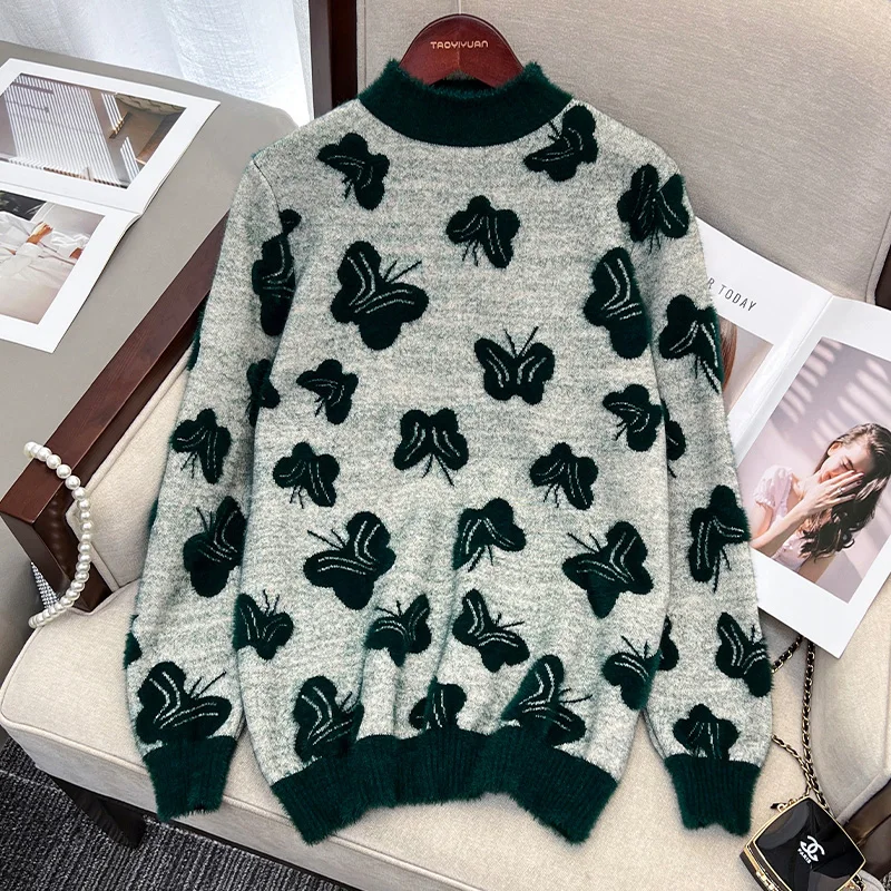 Women New Fashion Butterfly Elegant Wool Knitwear Autumn Winter Daily O-neck Loose Pullover Commute Thick Warm Soft Sweaters