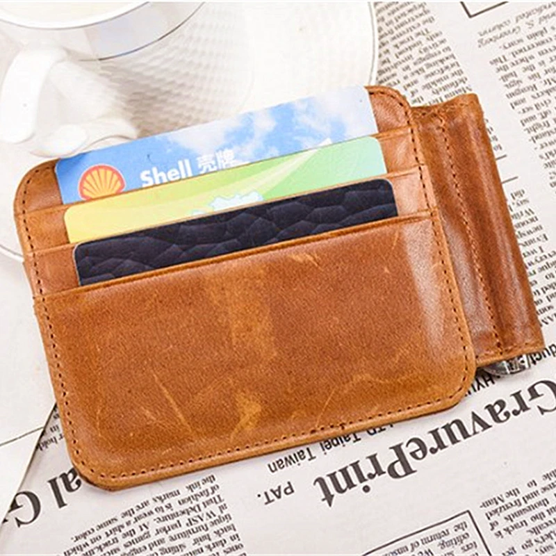 Anti-theft Brush Leather Men's Money Clip Retro Oil Wax Business Wallet Multi-card Slot Anti-magnetic Large Capacity Card Holder