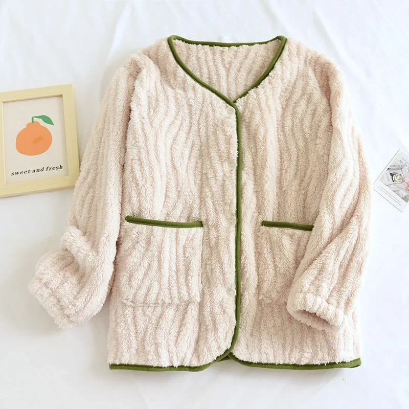 New winter women's flannel pajamas one-piece top V-neck button coral fleece thickened warm home clothes large size sleepwear