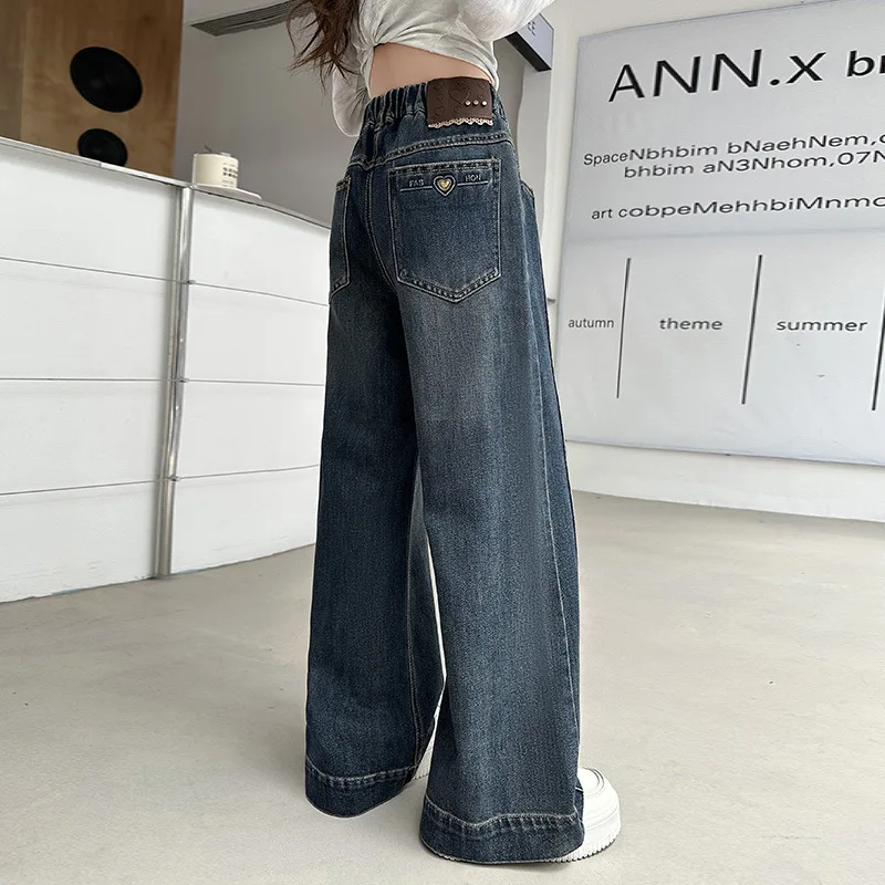 Spring Autumn Children's Pocket With heart shape Wide Leg Jeans Contrast Loose Relaxed Pants Girls Jeans Baby Kids Trousers 4-14