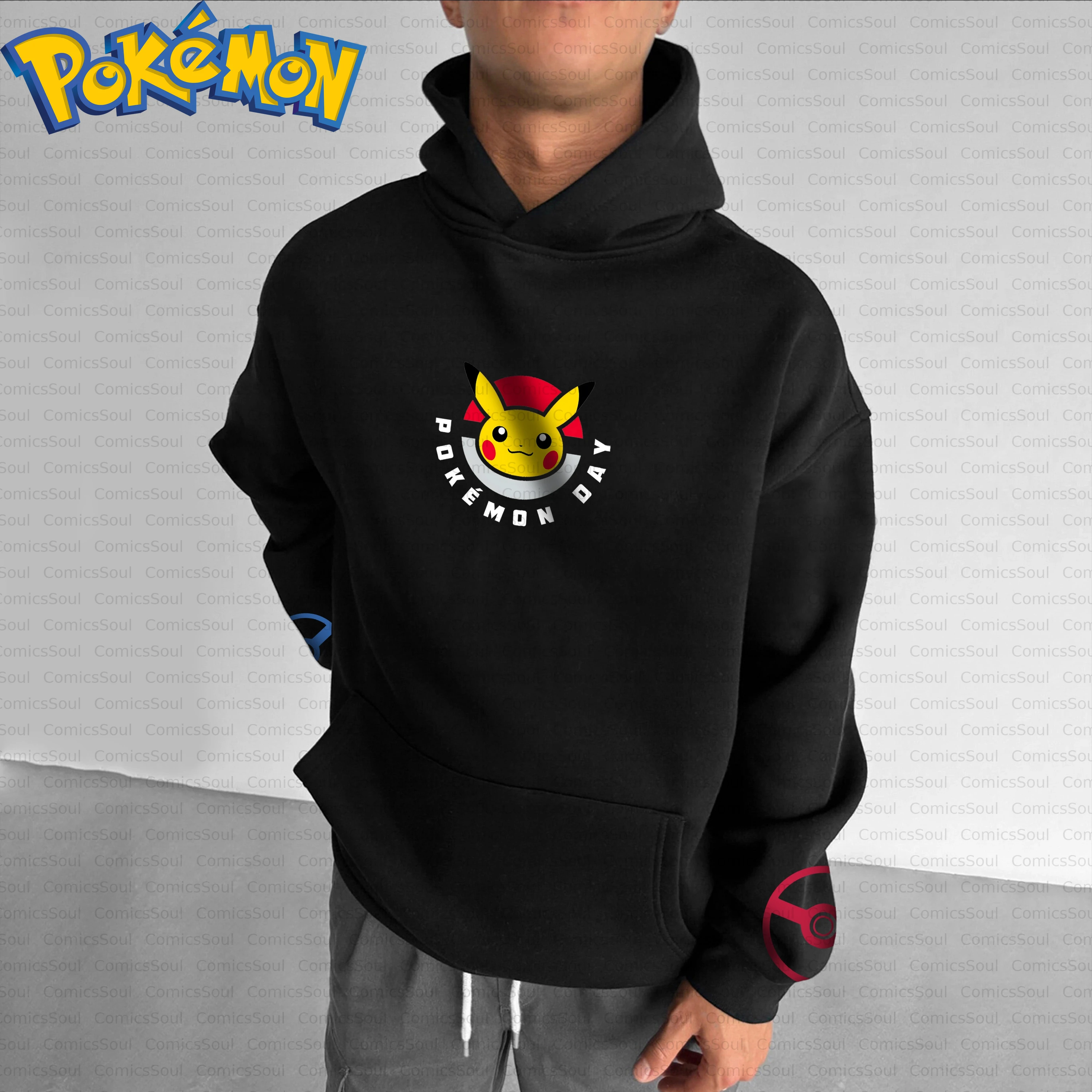 Conjunto de moletom com capuz Pokémon de algodão preto e calças Harajuku com Pikachu Charizard Blastoise Mewtwo estampa traseira design de tema de jogo azul